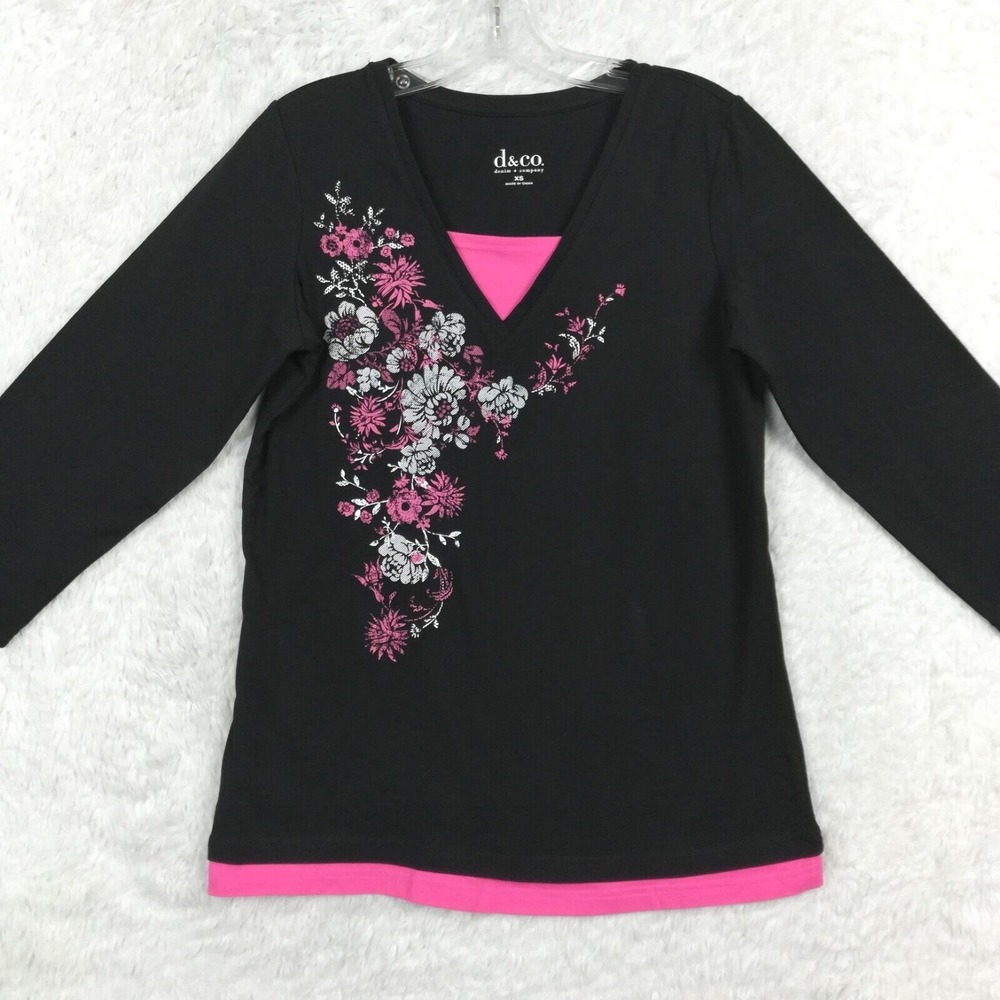D & Co Womens Top 3/4 Sleeve Tee Black Pink Floral V Neck Stretch XS